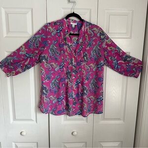 Charter Club Womens Top Size 0X Pink Paisley Pleated Button Up Classic Career